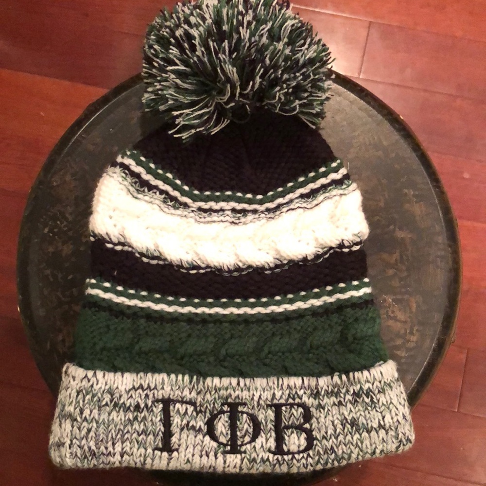 Gamma Phi Beta green and black beanie with poof!